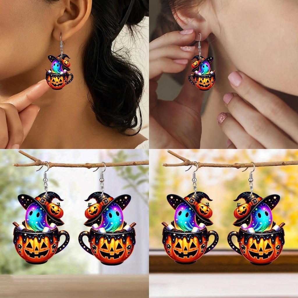 Colorful Themed Halloween Cartoon Ghost Pumpkin Pattern Women Earrings Acrylic