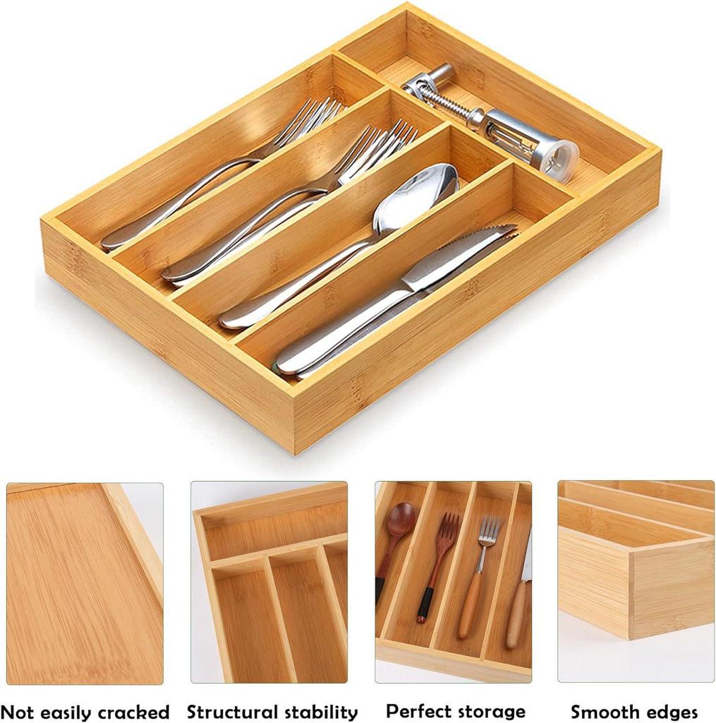 Bamboo Storage Box: 5-Compartment Cutlery and Silverware Tray for Kitchen or Bedroom