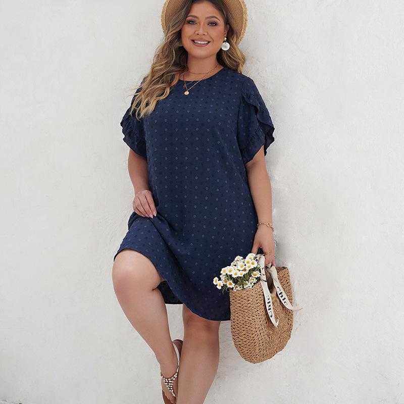 Summer Women's Dress Plus Size Loose Solid Color Temperament Elegant Round Neck Short Sleeve Dresses