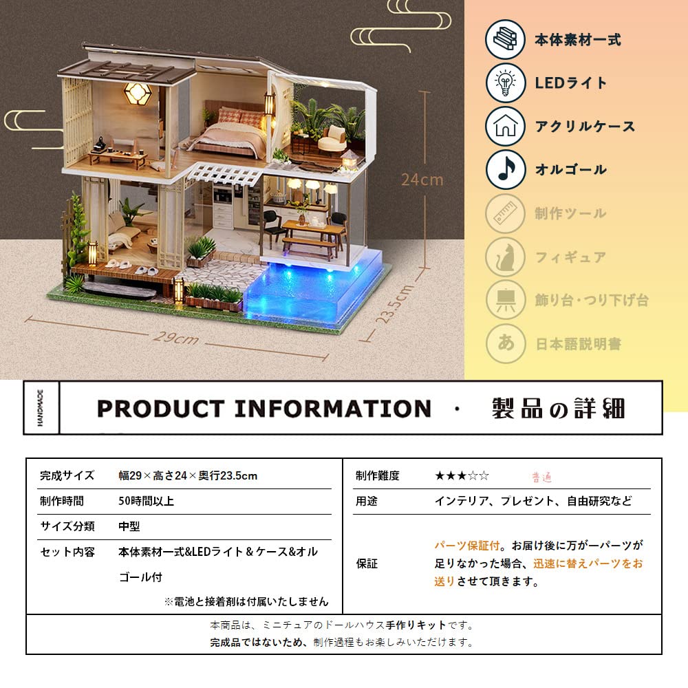 moin moin Dollhouse Miniature Handmade Kit Elegant and Quiet Japanese and Carefully Designed for a Carefree Includes LED Acrylic and Music Box Set