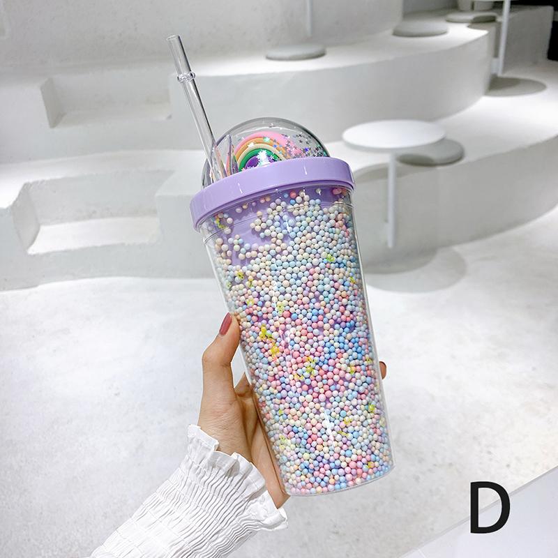 Doppelschichtige Regenbogen-Plastikwasserflasche mit Strohhalm, kreativer 550-ml-Becher