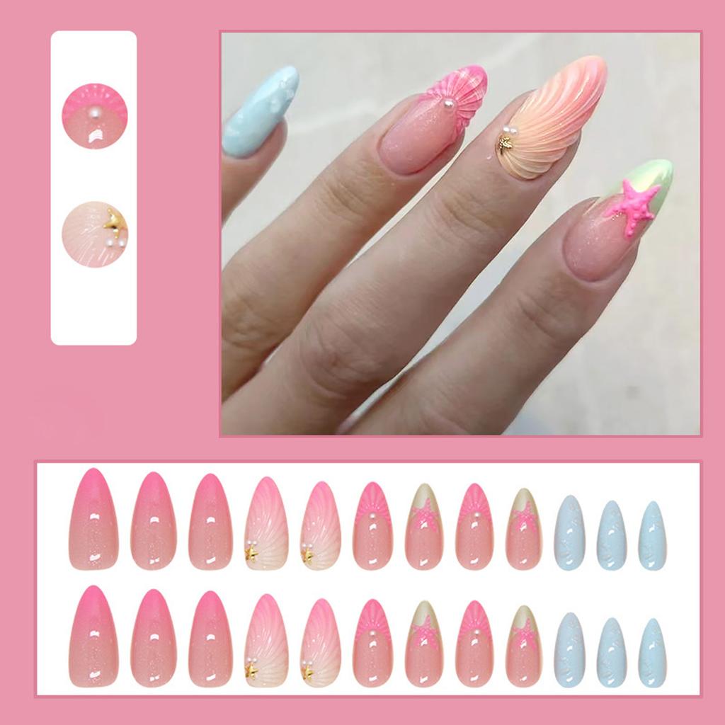 Almond Shape Short Press on Nails With Sea Star Pattern Short Sweet Stick on Nails for Stage Performance Wear