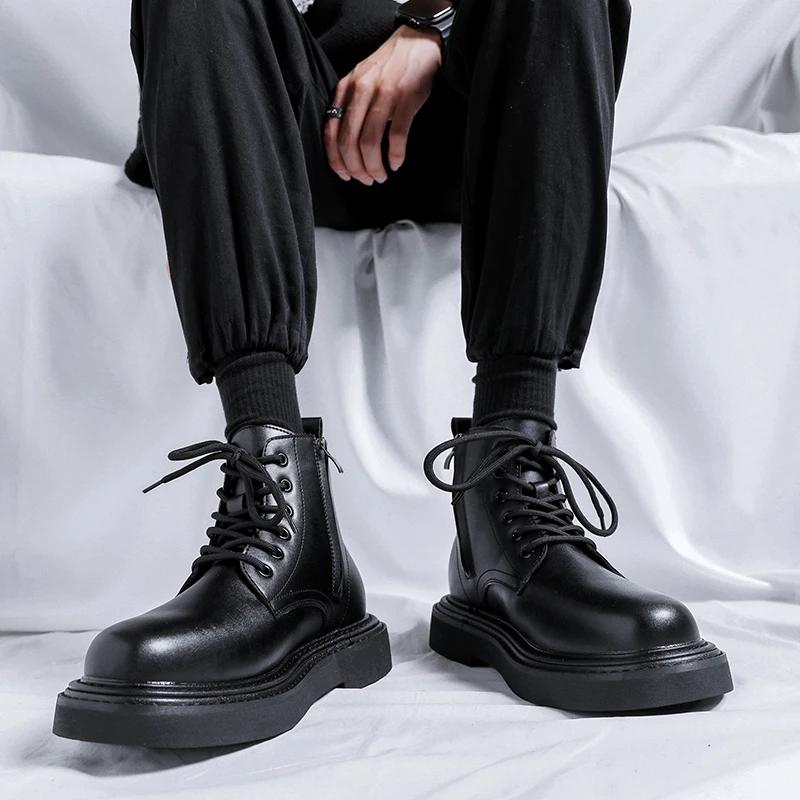 Fashion 2024 Split Leather Chelsea Boots for Men Platform Ankle Boots Male Thick Bottom Motorcycle Boots Spring Mens Chunky Casual Shoes