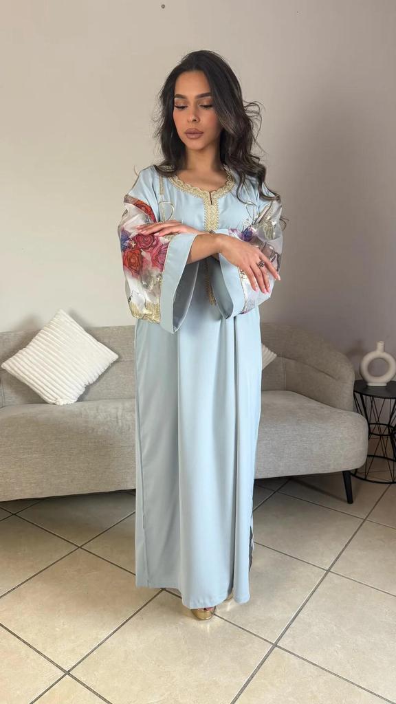 Moroccan Oriental Dress In Sky Blue with Golden Embroidery - Traditional Jellaba for Weddings, Special Occasions, and Ceremonies