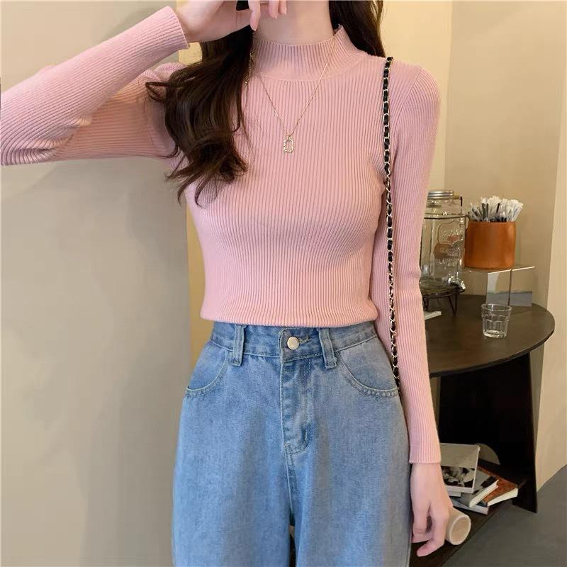 Pulover de damă cu mâneci lungi, slim fit, pe jumătate cu gât, top versatil din tricot în stil coreean pentru primăvară, toamnă și iarnă.