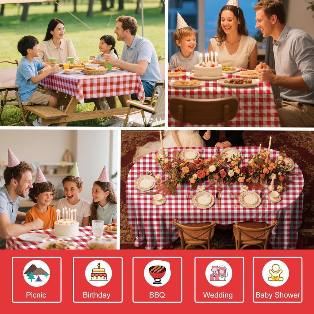 3 Pack Red and White Checkered Tablecloth, 54 X 108Inch Plastic Red Gingham Table Cloth Disposable Spring Picnic Tablecloth Waterproof Red Checkered