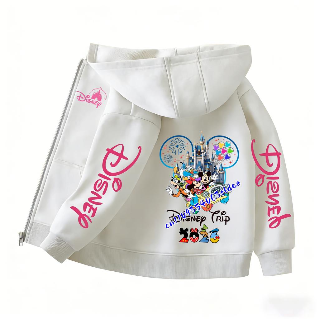2026 Family Trip Kids Zip Up Hoodie Cute Cartoon Mouse & Friends Graphic Casual Hooded Jacket
