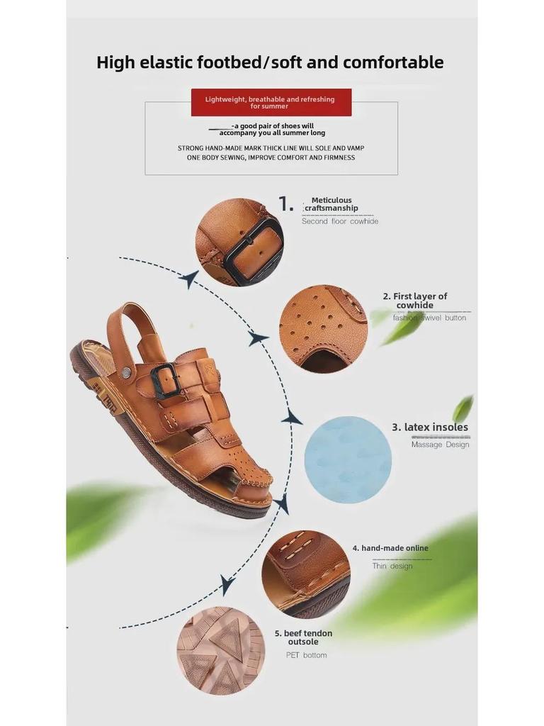 Genuine Leather Men's Summer Sandals - Closed Toe, Non-Slip Outdoor & Driving Shoes with Trendy Cowhide Sole