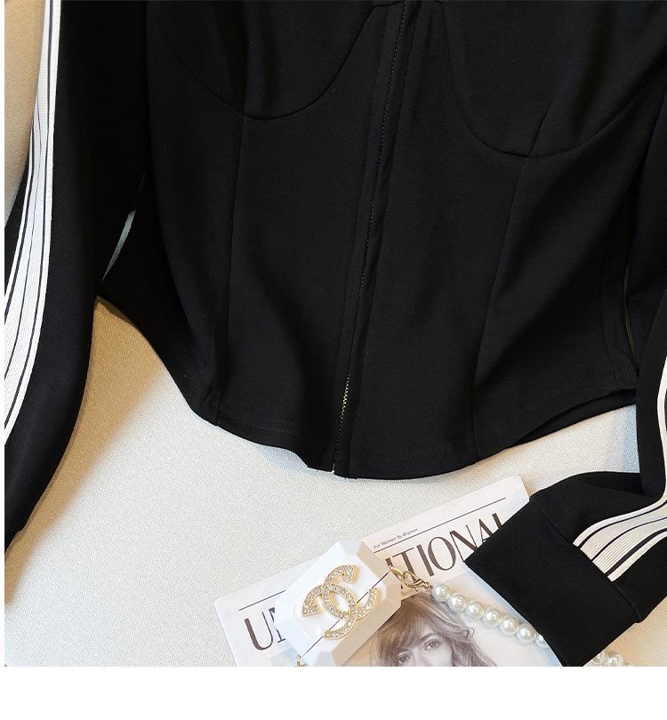 Plus Size Women's Spring Fashion Two-Piece Set: Stand-up Collar Top with Three-Stripe Workwear Pants