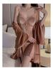 Gorgeous Lace See-Through Deep V Velvet Nightgown & Robe Set with Padding - Sweet Temptation 3908