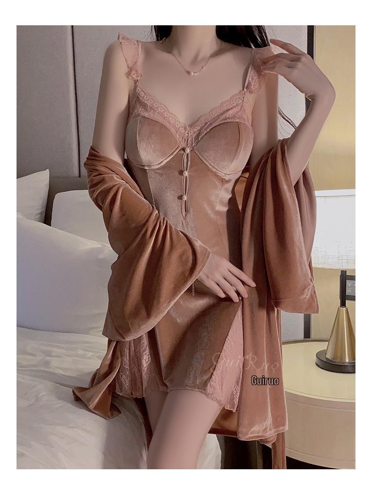 Gorgeous Lace See-Through Deep V Velvet Nightgown & Robe Set with Padding - Sweet Temptation 3908