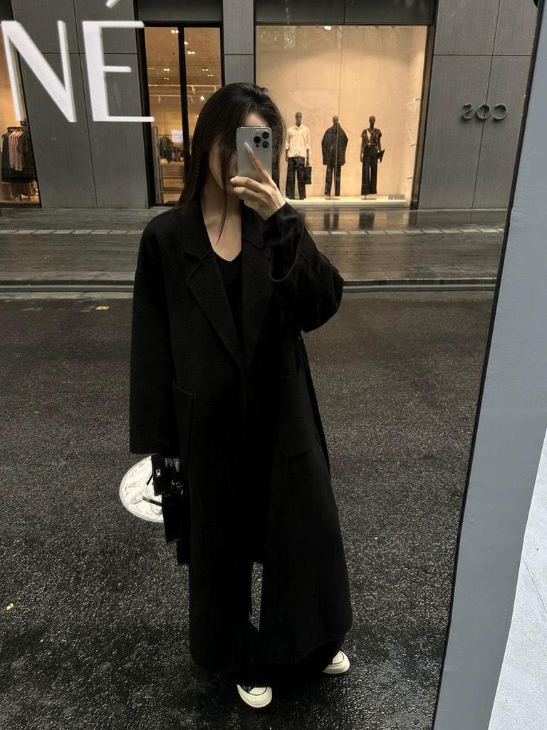 Korean Style Slimming Black Wool Coat - Women's Long Double-Sided Overcoat (Autumn/Winter 2025)