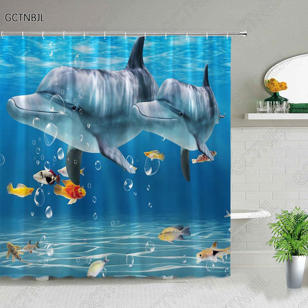 Funny Dolphin Shower Curtains Cute Ocean Animal Blue Seawater Sea Wave Scenery Bathroom Decor Cloth Hanging Curtain With Hooks