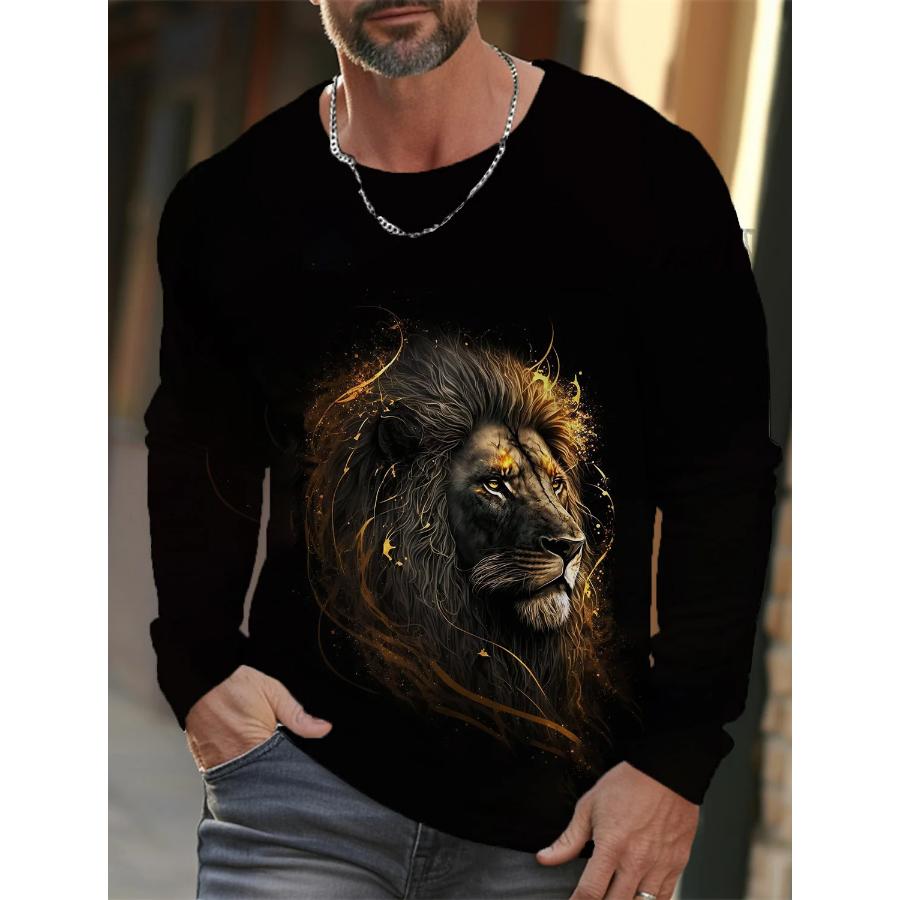Fashion Lion Graphic 3D Full Print Clothing Vintage Men Long Sleeve T-shirt for Men Casual Top Fashion Trackwear Lion Animal