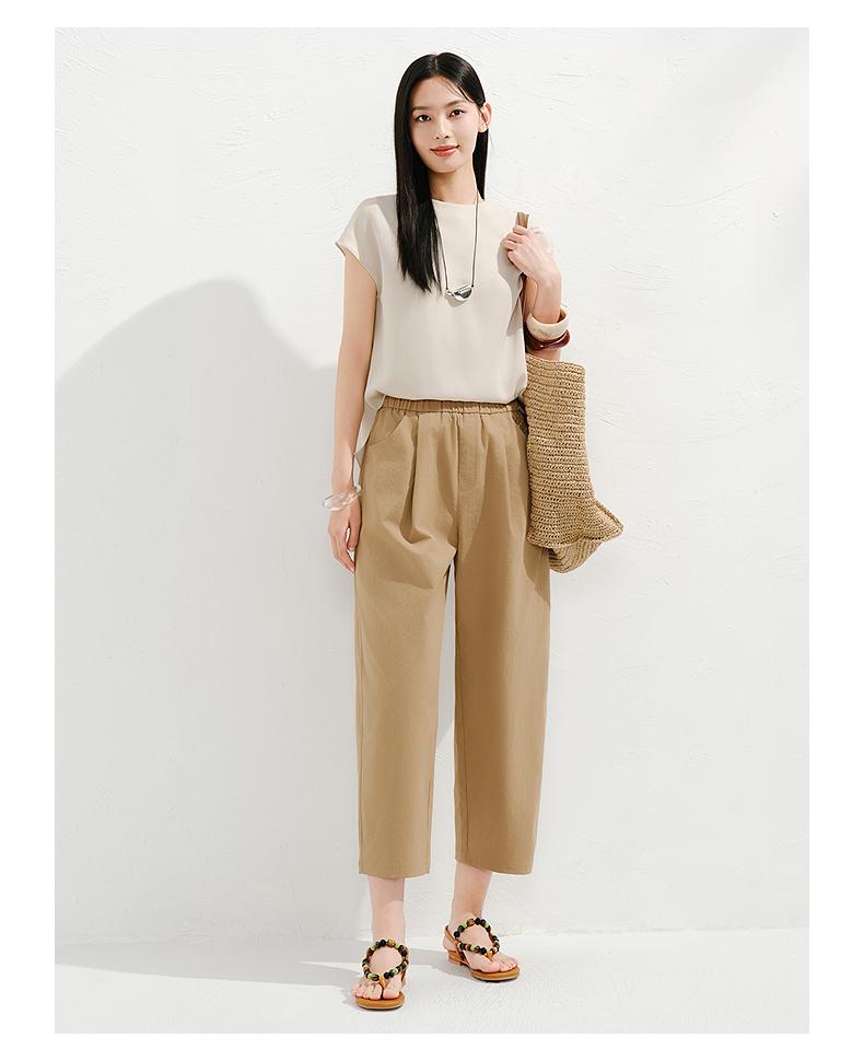 Jiuzi Anna Kou Fashionable and Simple Commuting Style Elastic Waist Slimming Tapered Pants