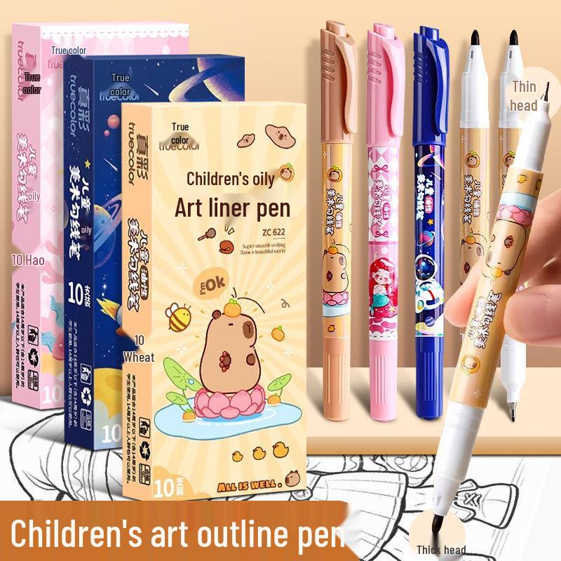 True Color Double-Headed Black Fineliner for Kids: Thick & Thin Tips for Art Outlining