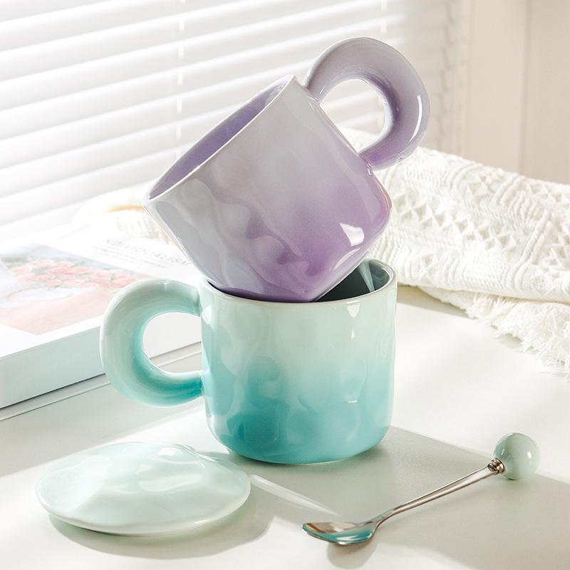 High Value Gradient Ceramic Cup Niche Design Sense Mug with Lid Spoon for Girls Coffee Cup Couple Drinking Water Cup