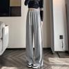 Women's High-Waist Drawstring Wide-Leg Sweatpants, Grey Fleece-Lined with Three Stripes - Spring, Autumn, & Winter Casual Floor-Length Draping Style.