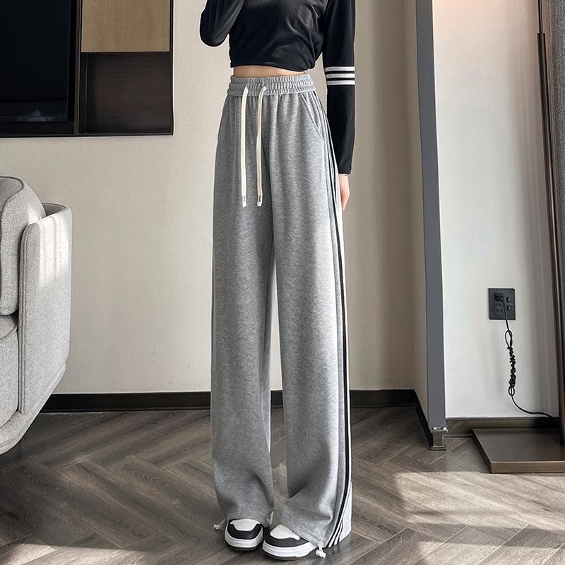Women's High-Waist Drawstring Wide-Leg Sweatpants, Grey Fleece-Lined with Three Stripes - Spring, Autumn, & Winter Casual Floor-Length Draping Style.