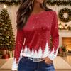 Women's Christmas Print Long Sleeve Top with Round Neck and Side Slit