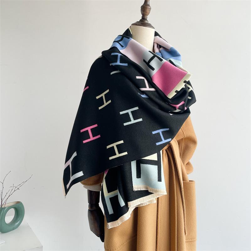 Fular colorat cu litere pentru femei, toamnă și iarnă, nou, îngroșat, color pe ambele părți, imitație cașmir, de înaltă calitate, versatil, șal cald