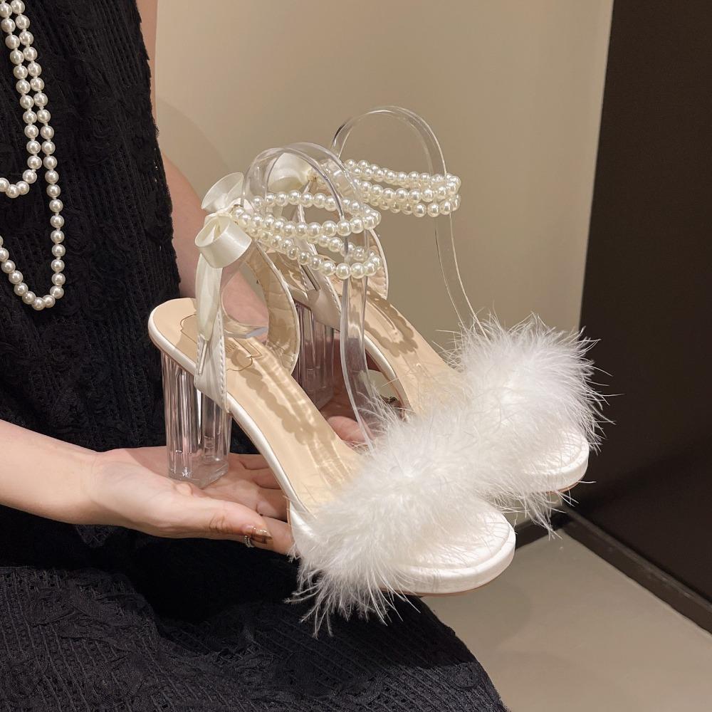 Fashion Sexy Crystal Women Summer Sandals Fluffy Peep Toe Stilettos High Heels Pumps Fur Feather Lady Wedding Shoes  Large Size 42