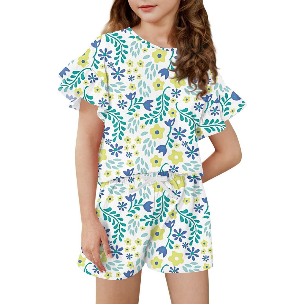 Girls' Summer Outfit Ruffle Sleeve Top And Shorts Clothing Set Lightweight Casual Two Piece