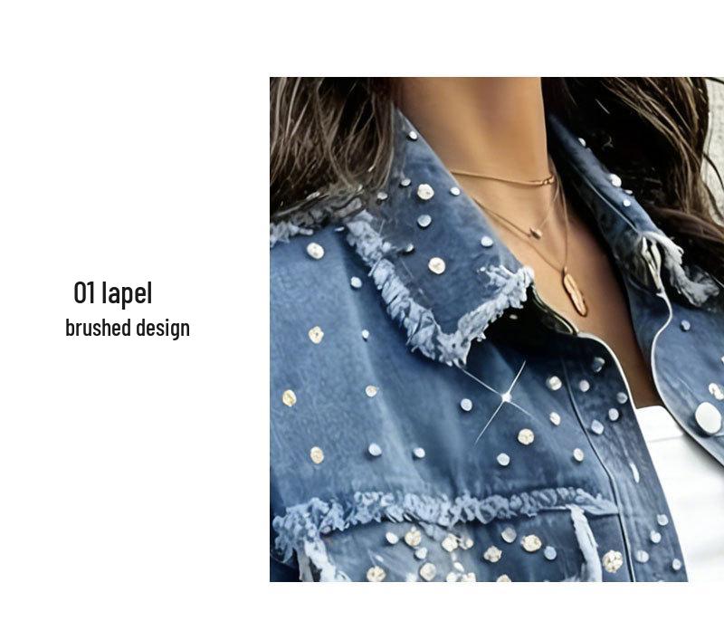 Beaded Long Lapel Oversize Blue Denim Jacket for Women