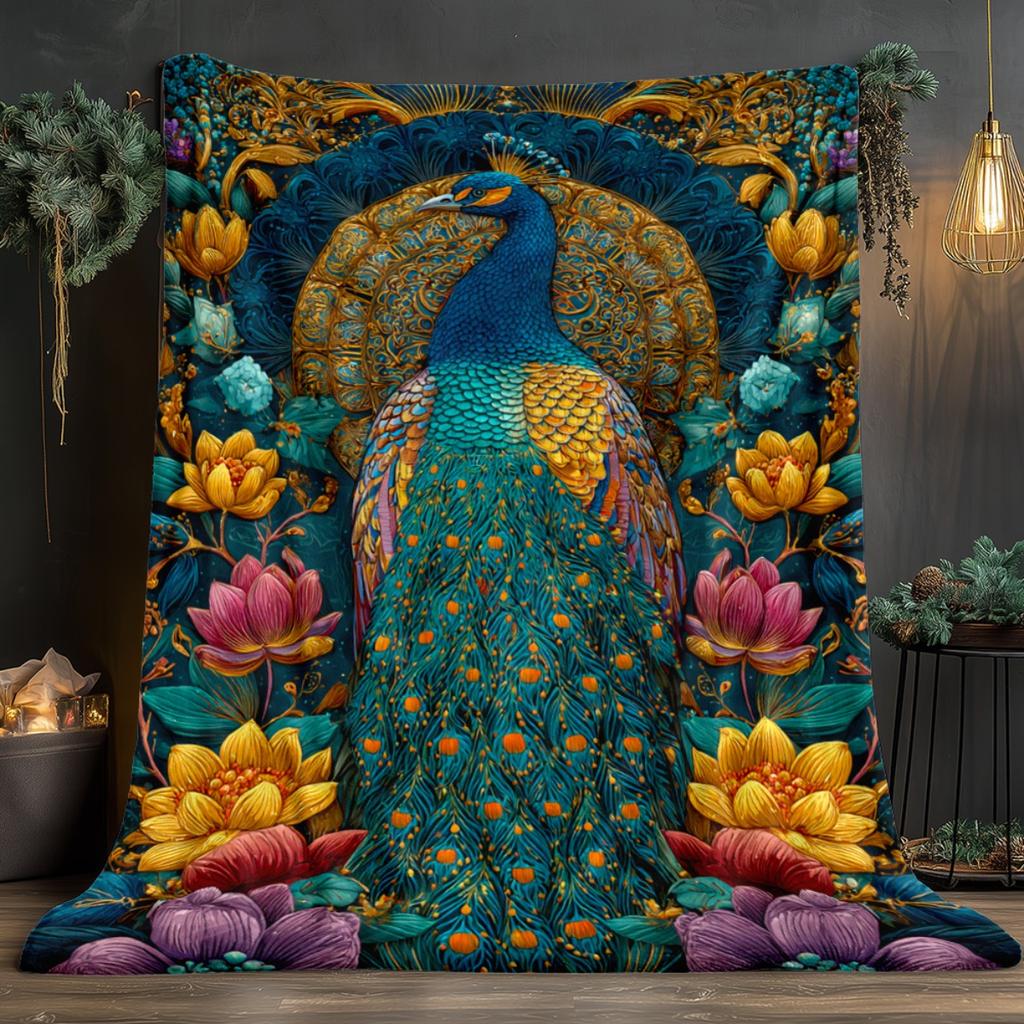Graceful peacock pattern Flannel printed blanket suitable for all seasons suitable for living room office sofa and travel