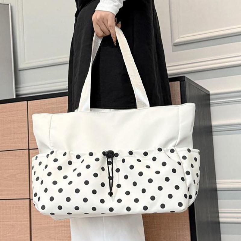 Polka Dot Large Capacity Tote Bag For Women Nylon Material Drawstring Closure Hobo Bag Underarm Shoulder Bag Lightweight Handbag