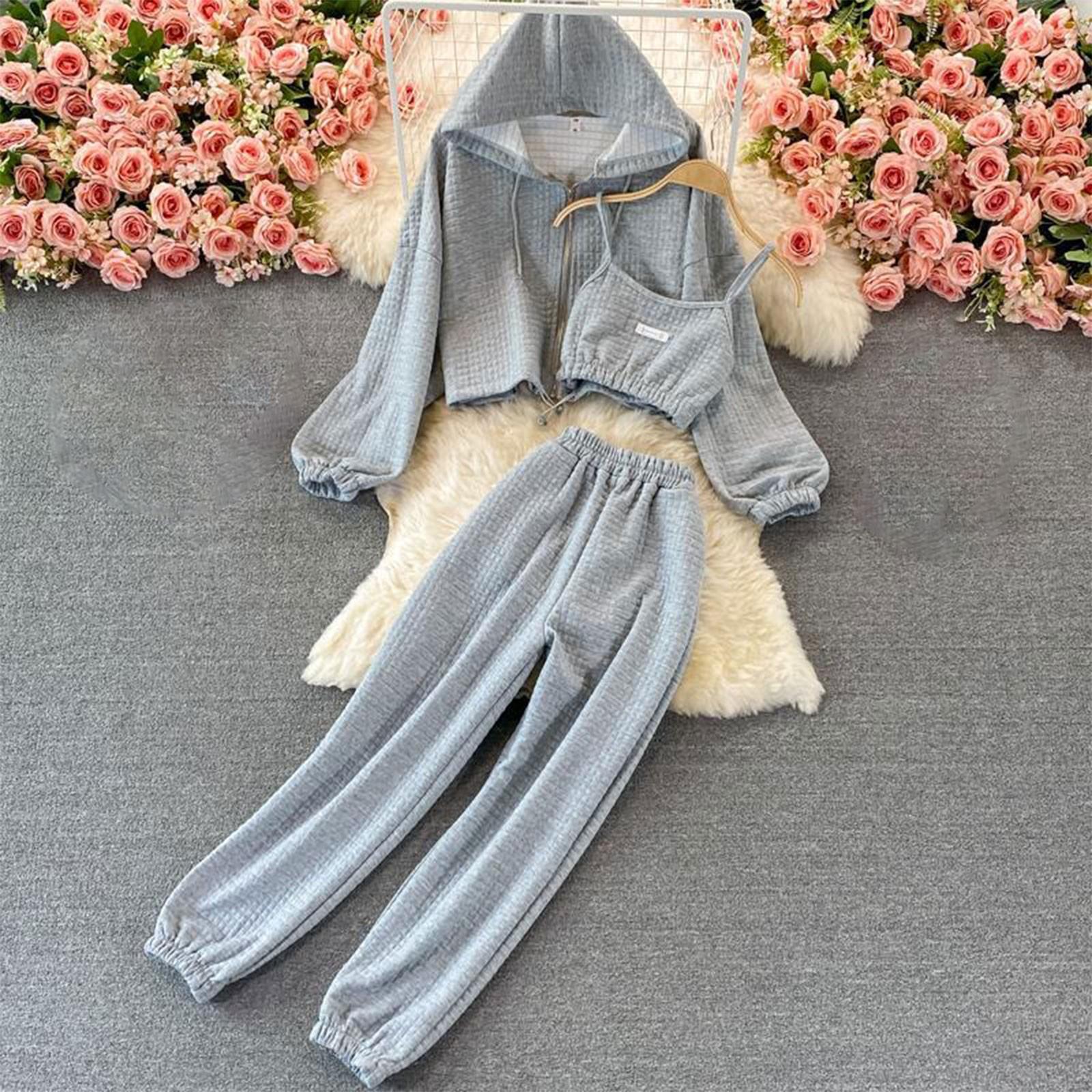 

Женская модная однотонная куртка на подтяжках с капюшоном и длинными рукавами, повседневные брюки, комплект из 3 предметов L светло-серый