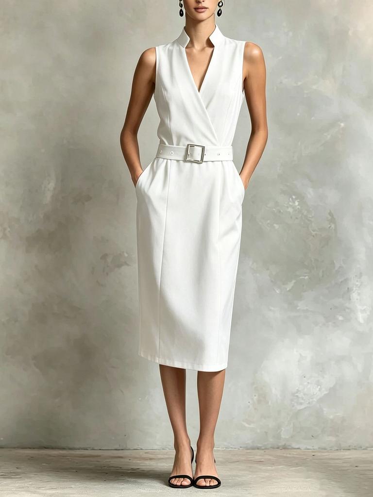 Women's Sleeveless Dress with Pockets and Belt, Casual Summer Outfit
