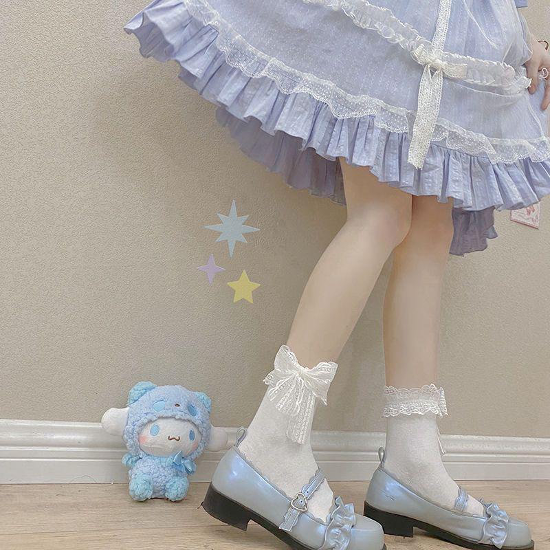 Japanese Lolita Soft Lace Mid-Tube Socks: Breathable Bow-Design Calf Socks for Women