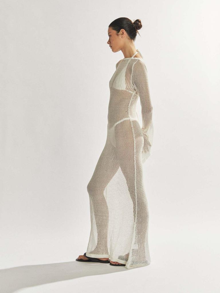European & American Women's Summer Knitted Backless Long-Sleeve See-Through Floor-Length Dress