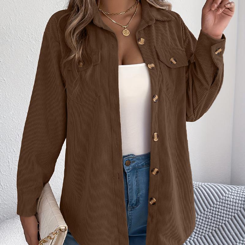 

Женская вельветовая куртка-рубашка в полоску, миди длины, оверсайз, повседневная, шакет, осень-зима 2XL кофейный