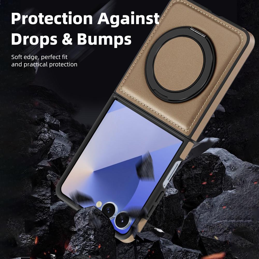 KEYSION 360° Rotating Magnetic Ring Stand PU Leather Case for MagSafe for Samsung Z Flip 7 5G 7 SE Wireless Charging Phone Cover