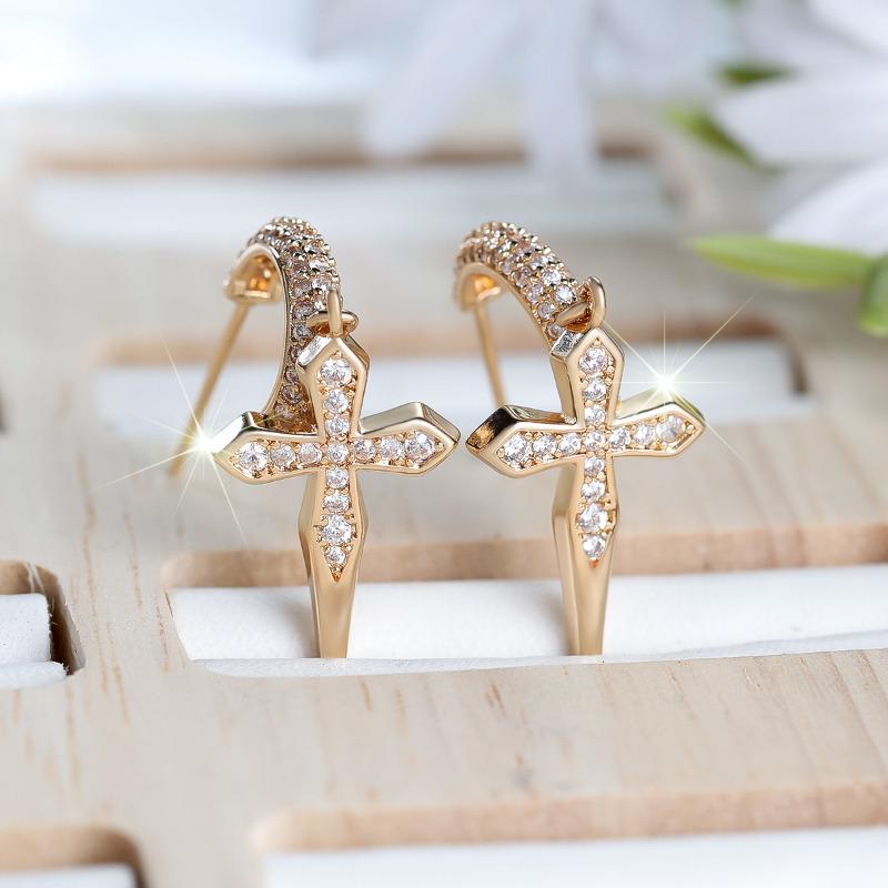 Luxury Gold Color Cross-shaped Earrings for Women White Zircon Fashion Hip Hop Style Jewelry Gift