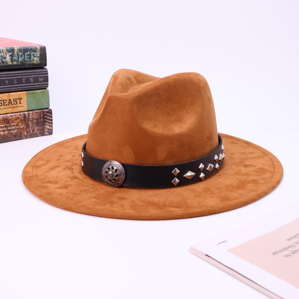 Hot Sale Western Cowboy Hat Metal Accessories Premium Flat-brimmed Suede Top Hat Fashion Versatile Jazz Hat
