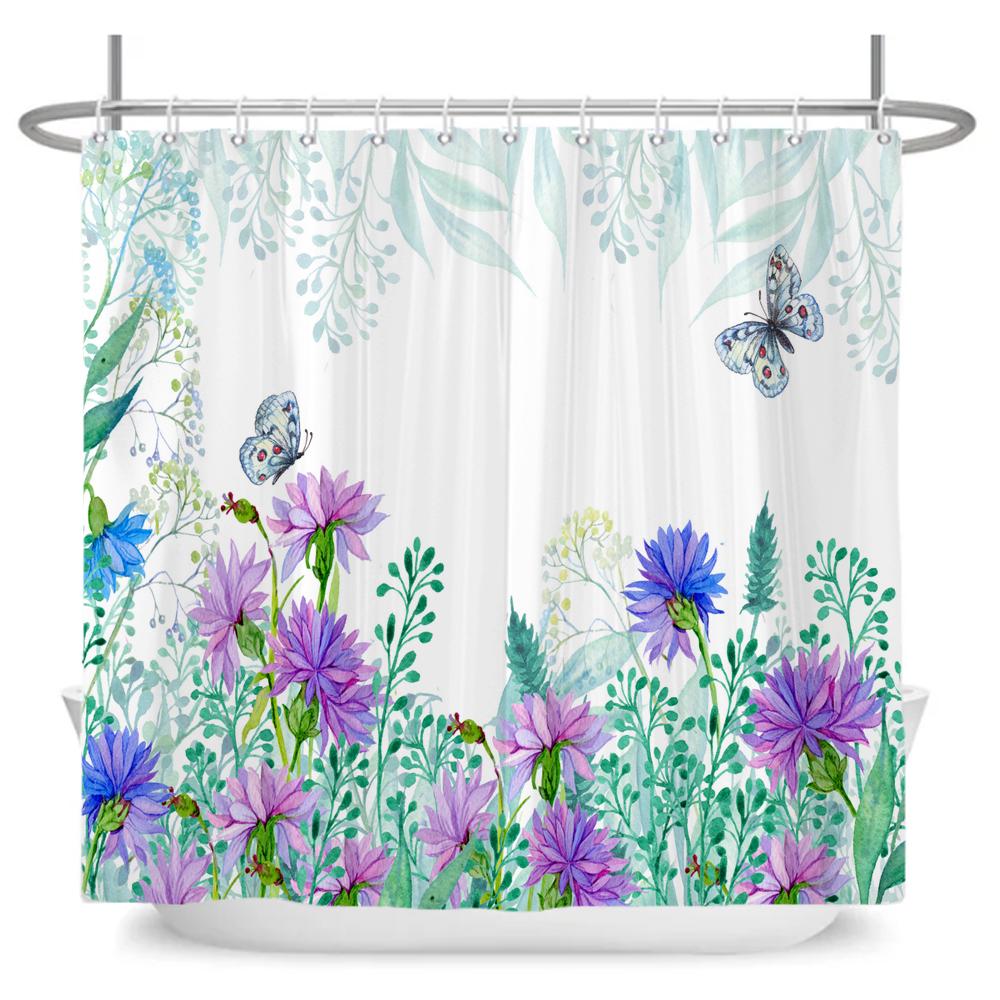Plants Flower Shower Curtains Butterflies Bathroom Bathtub Decoration Waterproof Polyester Bath Curtain Home Decor with Hooks