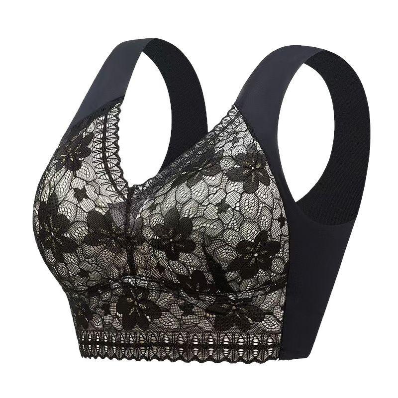 Black Lace Bra with Wide Straps and Floral Pattern L чёрный