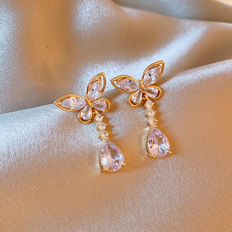 Korean Luxury Crystal Flower Butterfly Earrings For Women Sweet Zircon Drop Earrings Girls Party Jewelry Bijoux Gifts