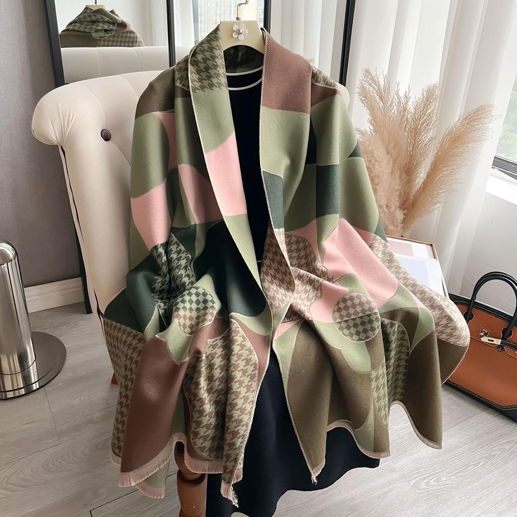 Korean Version Of Bird Grid Geometric Shape Splicing Flower Fashion Versatile Commuting Imitation Cashmere Warm Women'S Scarf