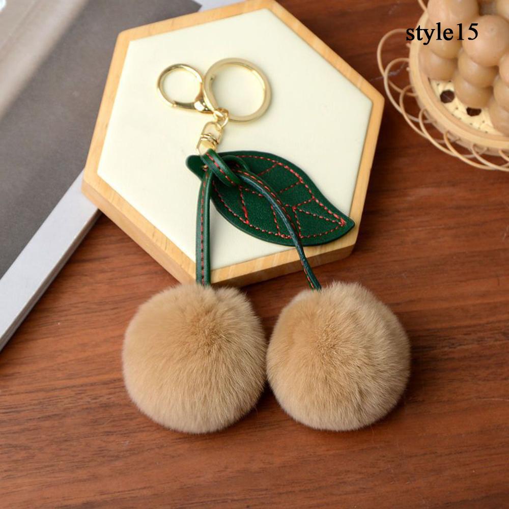 Keychain Key Fob Bag Pendant Fluffy Cherry Keyring Bag Hanging Leaf Artificial Rabbit Fur Ball Key Holder Plush Bag Accessories