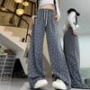 Women's High-Waisted Gray Smiley Face Wide-Leg Pants - Slimming Sportswear for Spring & Autumn