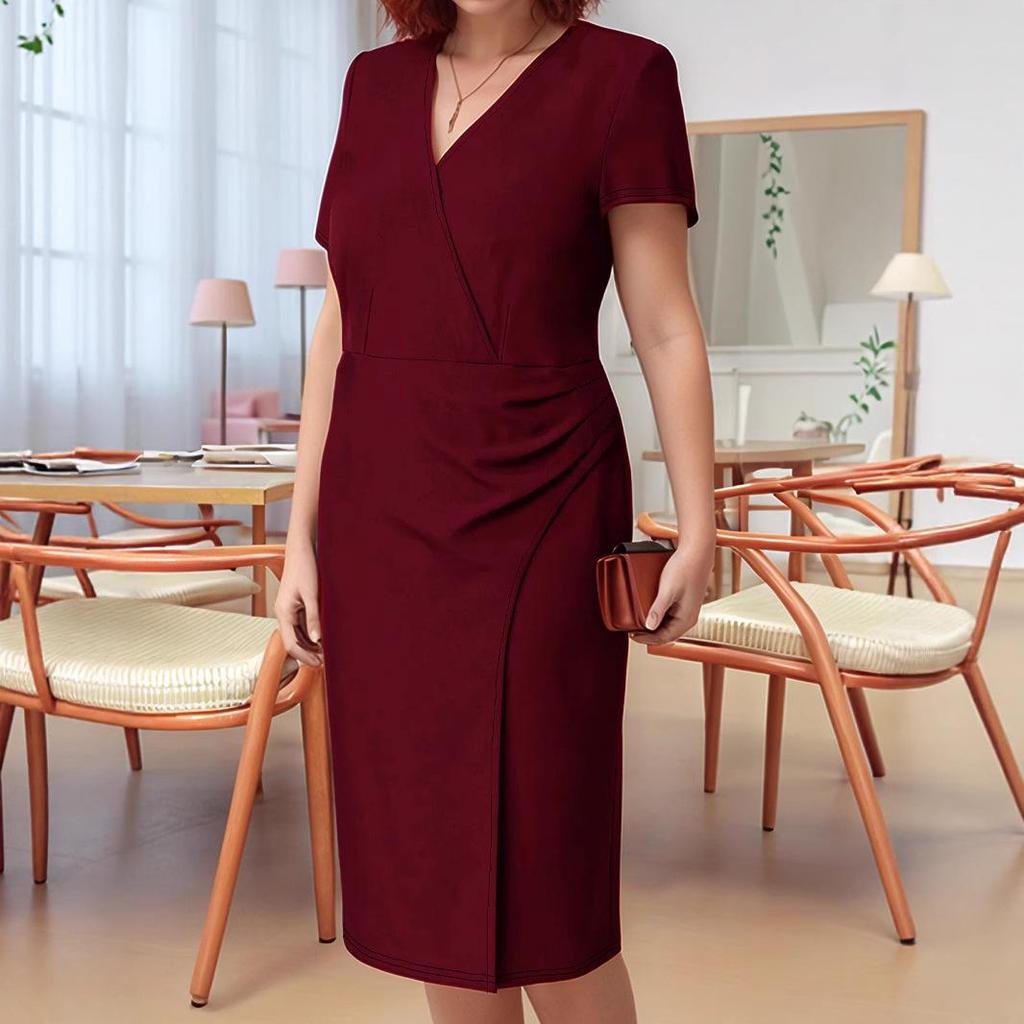 Spring/Summer 2026 Women's Elegant Short-Sleeve Plus Size Solid Color Dress
