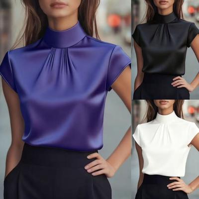 2026 Frühling Herbst Satin Kurzarmbluse - Plissee-Design Elegant Büro 100% Polyester Damenhemd