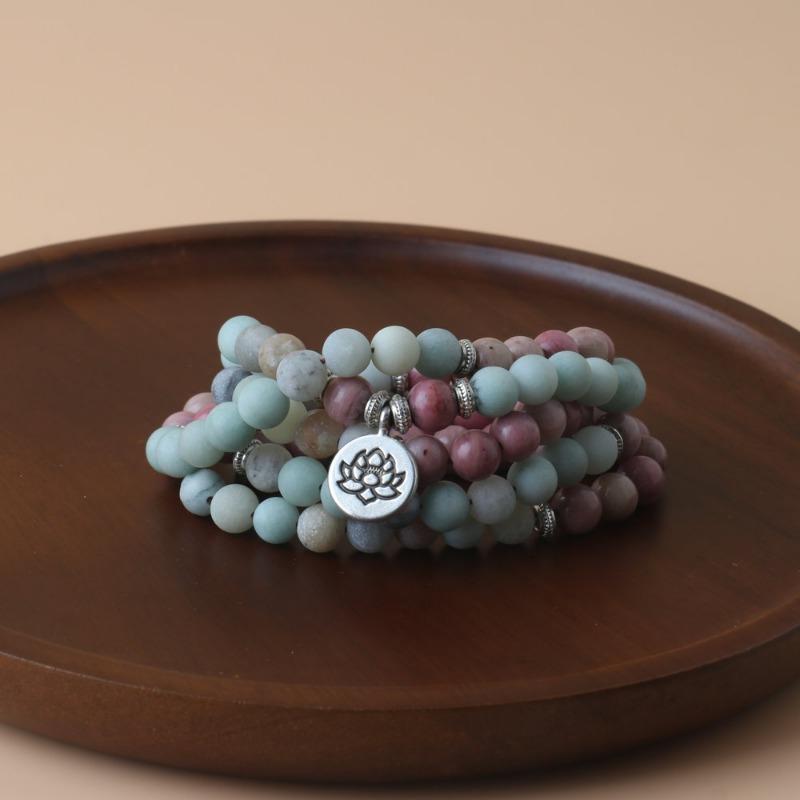 Matte Rhodonite & Amazonite Mala Beads Necklace – Lotus Charm Boho Jewelry, Calm Balance Gift for Women