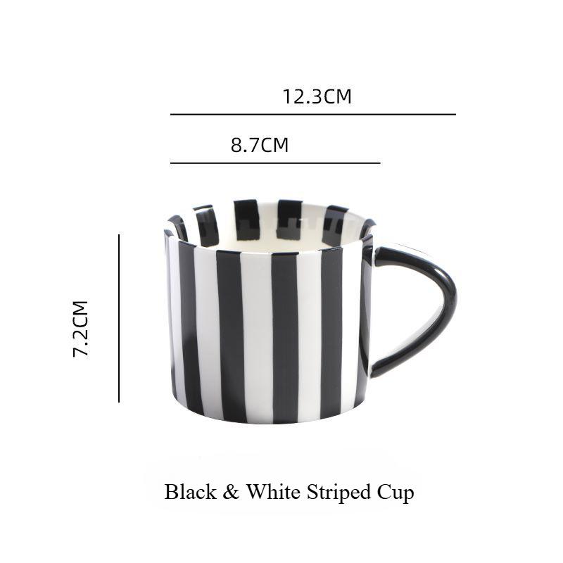 200 ml Kaffeetasse und Untertasse aus Keramik, handbemalt, gestreift, Retro-Wassertasse, schwarz-weiß gestreifte Nachmittagstee-Tassen 200ml
