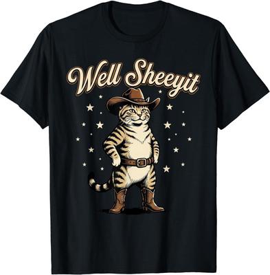 Well Sheeyit Funny Cowboy Cat Vintage Western Humor Art T-Shirt