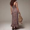 Style Retro Print Waist High Split Long Dress Slim and Thin Bohemian, Elastic Dress